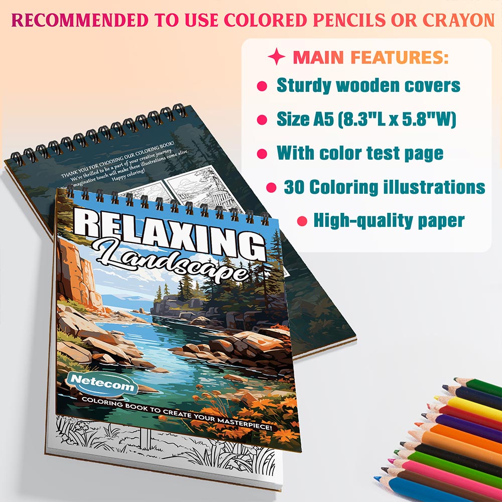 Netecom Relaxing Landscape Coloring Book Spiral Bound for Adults, A5 Wooden Cover, 30 Tranquil Scenes Coloring Pages of Peaceful Moments for Stress Relief and Relaxation