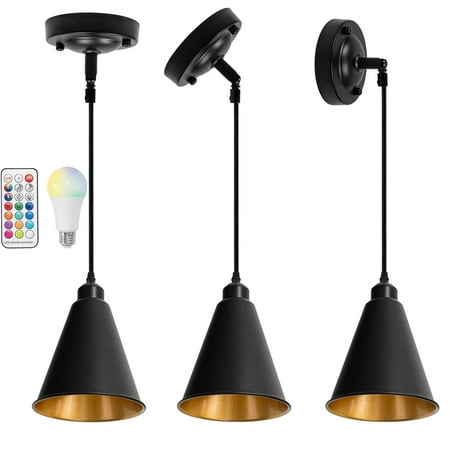 

KAYYELAMP 39.3 Inches Adjusted Black Cord Slanted Space Remote RGB Warm Light Dimmable Pendant Light Black Cone Shade Inner Gold Vintage Design 3-Pack Replacement Downlight for Kitchen Loft