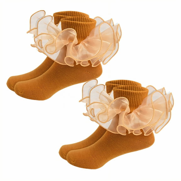 TELOLY 2Pairs Kids Socks,6-8 Years Old Ruffle Socks,Lace Trim Lace Socks,Style1,18-20Cm