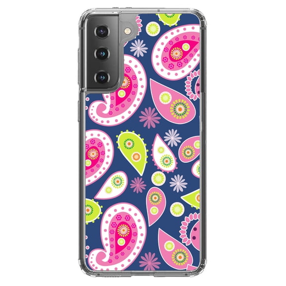DistinctInk Clear Shockproof Hybrid Case for Galaxy S21 5G (6.2" Screen) - TPU Bumper, Acrylic Back, Tempered Glass Screen Protector - Pink Green Navy Paisley