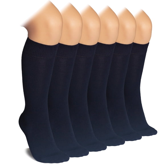 HUGH UGOLI Knee High Socks for Kids Girls Boys & Toddlers, Solid Color Long School Uniform Socks, Soft Breathable & Comfortable Bamboo Socks 3-14 Years Old | 6 Pairs | Navy Blue | 12-14 Years