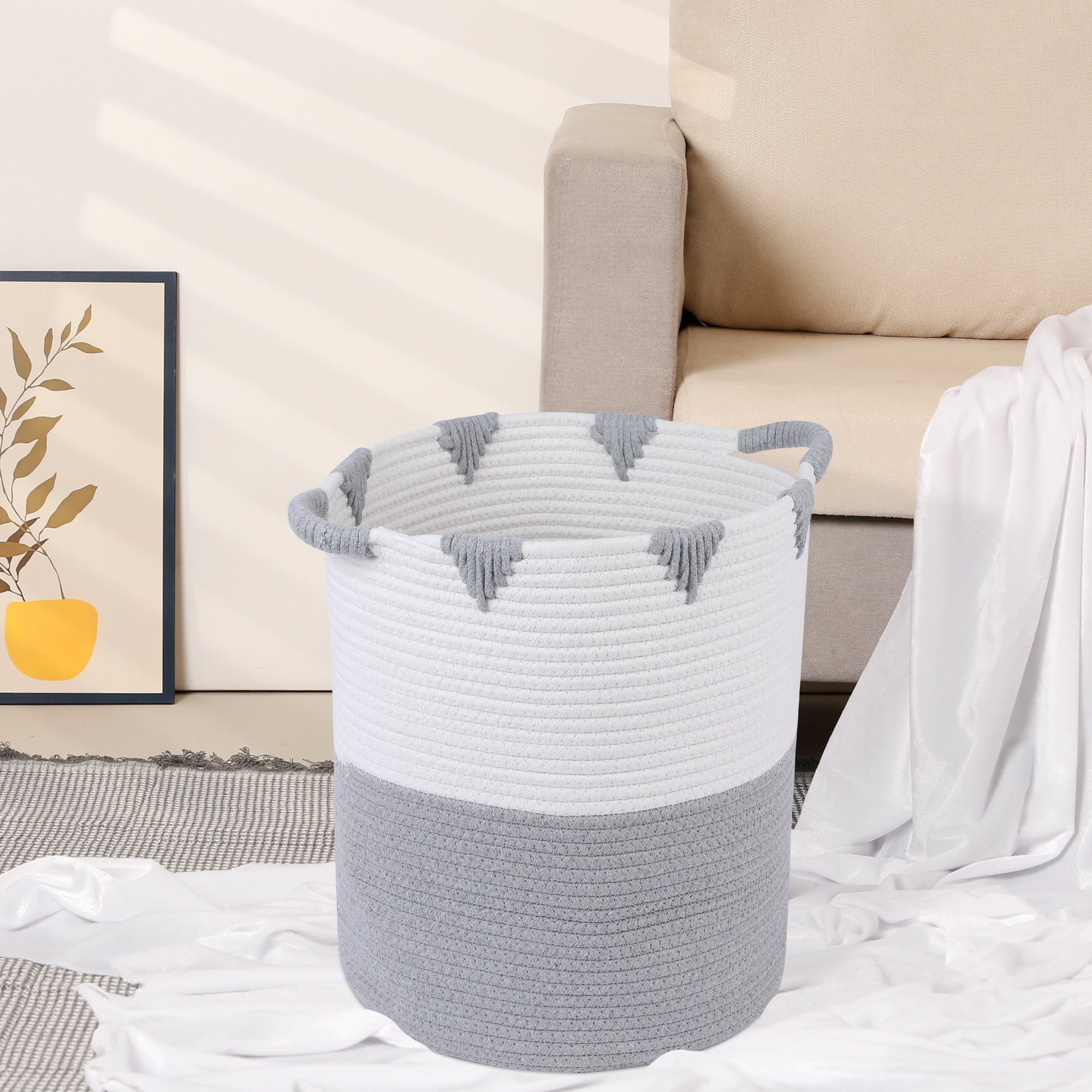 Unique Bargains Woven Storage Basket for Clothes Organizer Bin Gray/White 11.8*14.2in