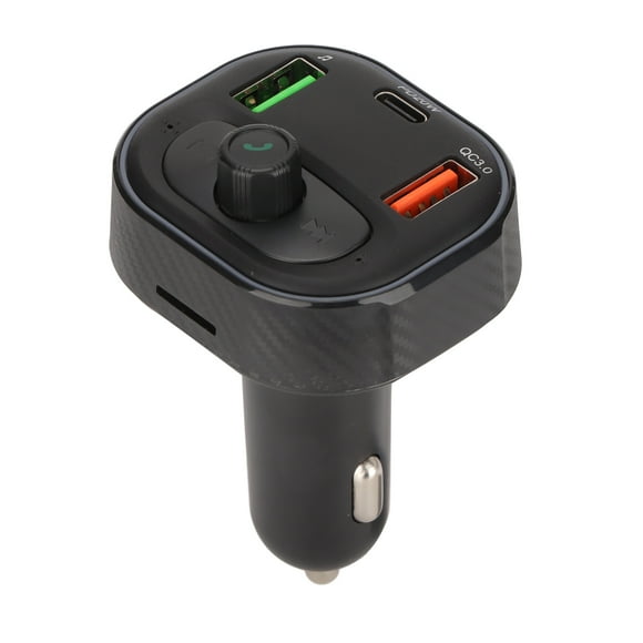 Cargador de coche multifunción estilo fibra de carbono, transmisor FM inalámbrico Bluetooth 5.1, carga rápida, llamadas manos libres con luz LED.