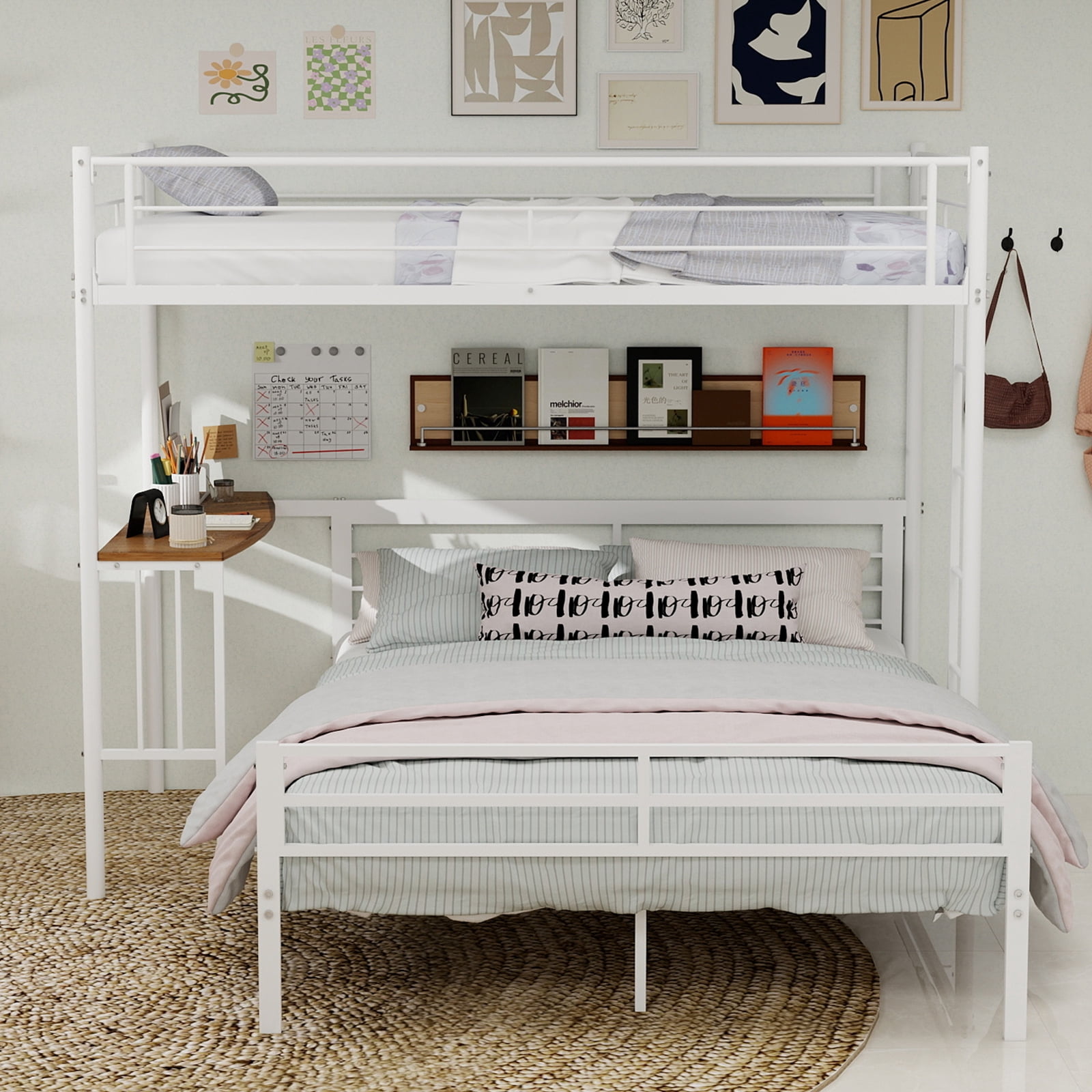 Alvantor Twin over Full Bunk Bed with Desk, Metal Bunk Bed Frame for Kids/Teens, No Box Spring Needed White