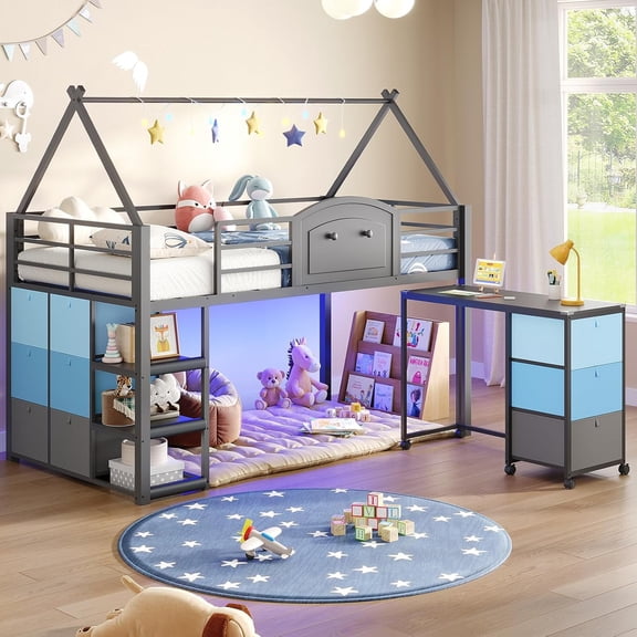 Loft Bed with Desk and Storage for , Metal Low Loft Bed  with 9 Drawers, 3-Tier Shelves, Led Lights, Safety Guardrail, No Box Spring Needed,Grey