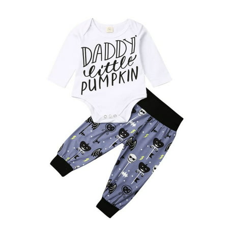 Newborn Baby Boy Halloween Costume Long Sleeve Romper Bodysuit + Pumpkin Ghost Print