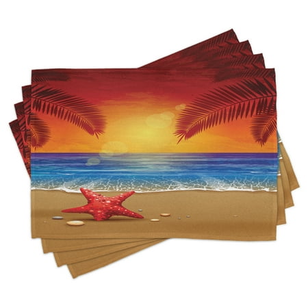 

Tropical Placemats Set of 4 Sunset Cartoon Illustration Beach Summer Starfish Palm Tree Ocean Fantasy Art Washable Fabric Place Mats for Dining Room Kitchen Table Decor Red Yellow Blue by Ambesonne