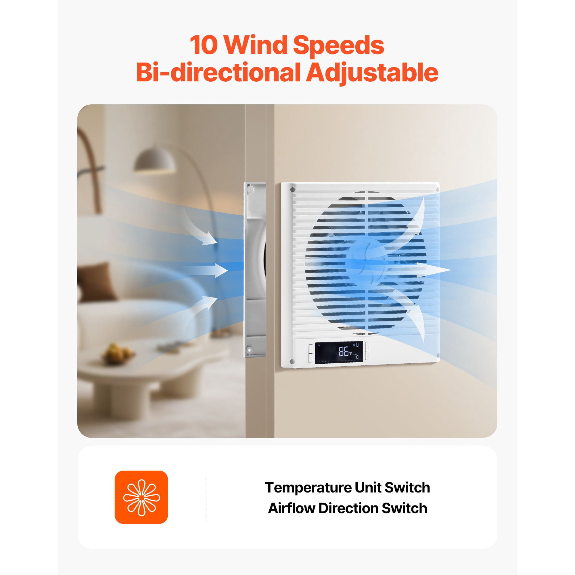 7.5-Inch Through Wall Fan with Remote Control,10-Speed Quiet Ventilation for Kitchen,Living Room,and Workshop,305 CFM Airflow