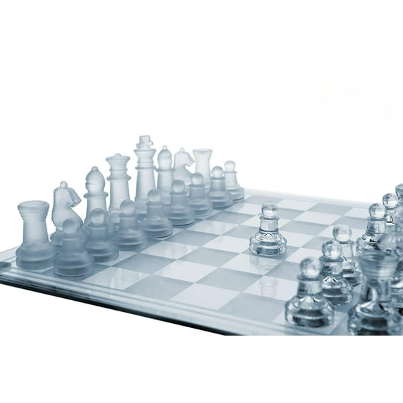 Gamie Premium Glass Chess Set, 14 Inch - Elegant Design - Durable Build - 32 Frosted and Clear Pieces - Felted Bottoms - Easy to Carry - Stable & Fully Functional for Chess Lovers