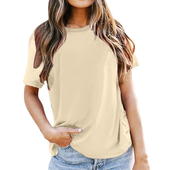 Rggeeun Women's Tee Short Sleeve O-Neck Losse Solid Color Top Shirt Soft And Comfortable For Daily Wearing,Beige,L