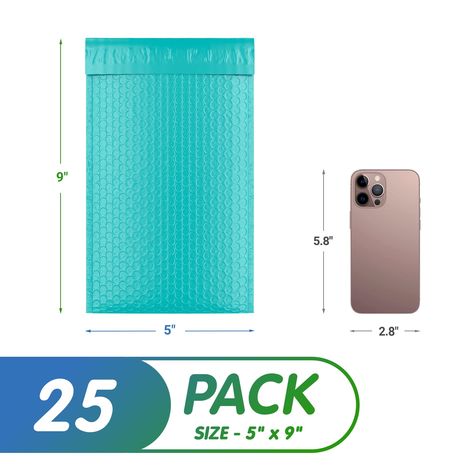 Teal Poly Bubble Mailers Self Seal, 5 x 9 Inch. 25 Pack Bubble Packaging Envelopes for Shipping. Durable Sealed Mailing Envelopes Bubble Padded. Waterproof Bubble Bags for Shipping