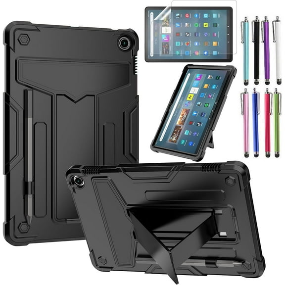 elitegadget Hybrid Case for Amazon Fire Max 11 (13th Generation, 2023 Released) - Heavy Duty Protective Cover Case with Kickstand 1 Screen Protector and 1 Random Stylus (Black/Black)