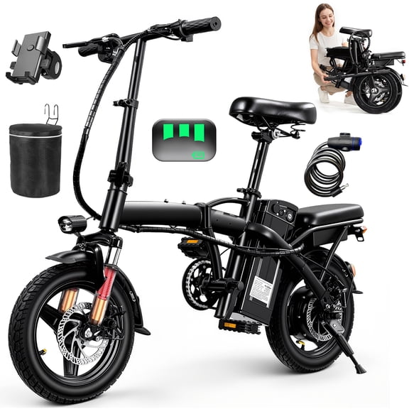 14 Inch Foldable Adult Electric Bicycle, 48V 10Ah 400W Motor, 3-Speed Gearing, Dual Spring Shock Absorbers, Front and Rear Led Safety Lights, Portable Design