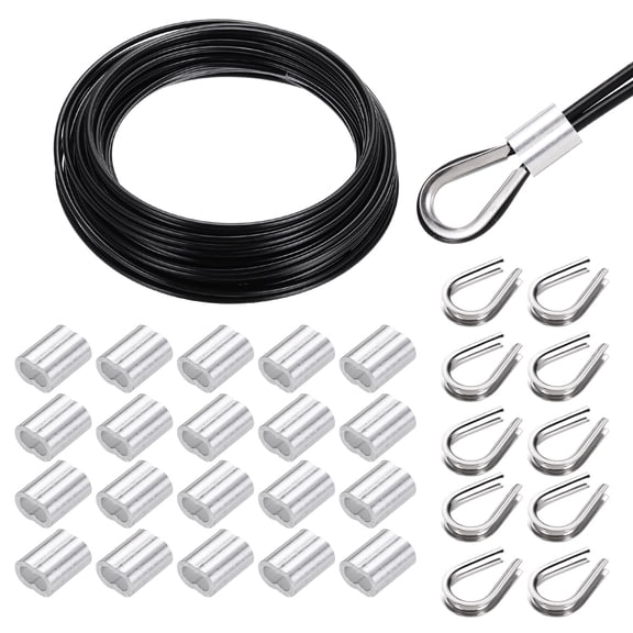 Uxcell 49FT Stainless Steel Cable Railing Kit, 1/8" Vinyl Coated 7x7 Strand Wire Rope with Loop Sleeves and Thimbles Black