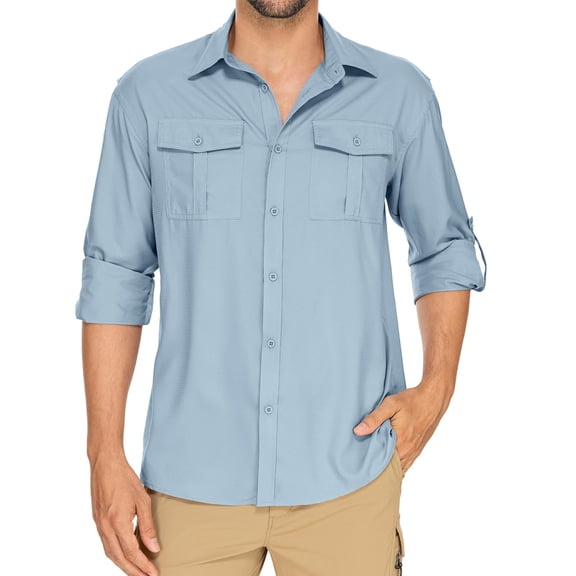 POENTAB Mens Safari Work Shirts Long Sleeve Hiking Fishing Tops UPF 50 Quick Dry Camping Travel Button Down Shirt with Pockets