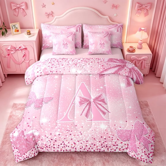 Homewish Glitter Bowknot Print Monogram A 7-Piece Twin Bedding,Pink Cute Initial Bedding Comforter Set For Girl,Pink Reversible