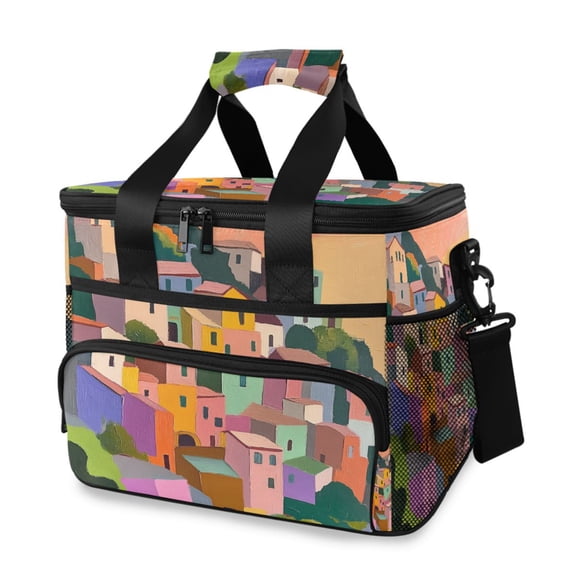 FORMRS Insulated Cooler Bag 24 Cans Capacity Soft Leakproof Lunch Box with Side Pockets, Purple Cityscape Painting