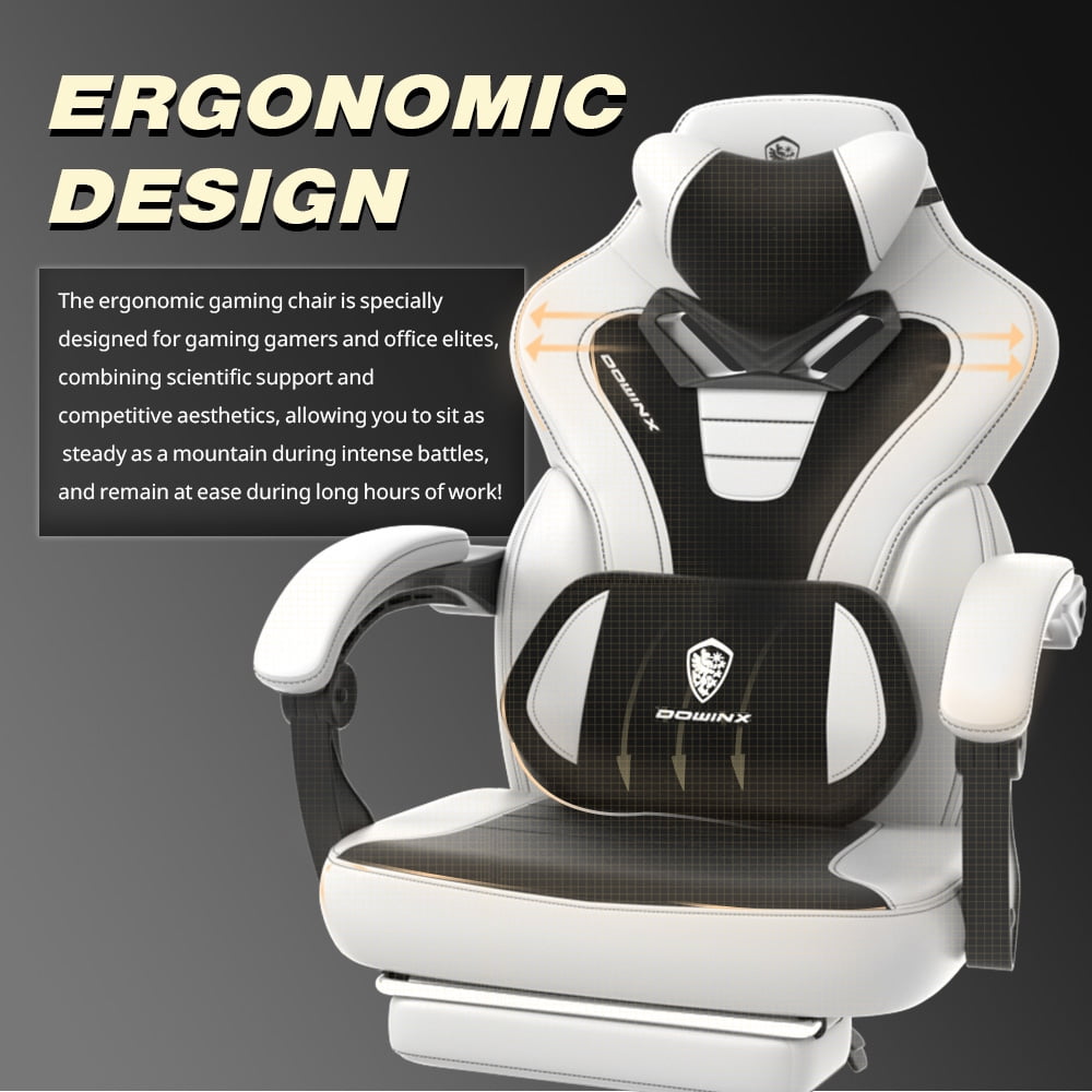 GOOSEA Gaming Chair with Footrest and Lumbar Massage, High Back Ergonomic Computer Desk Chair, Big and Tall Office Chair with Retractable Footrest, 300lbs, White