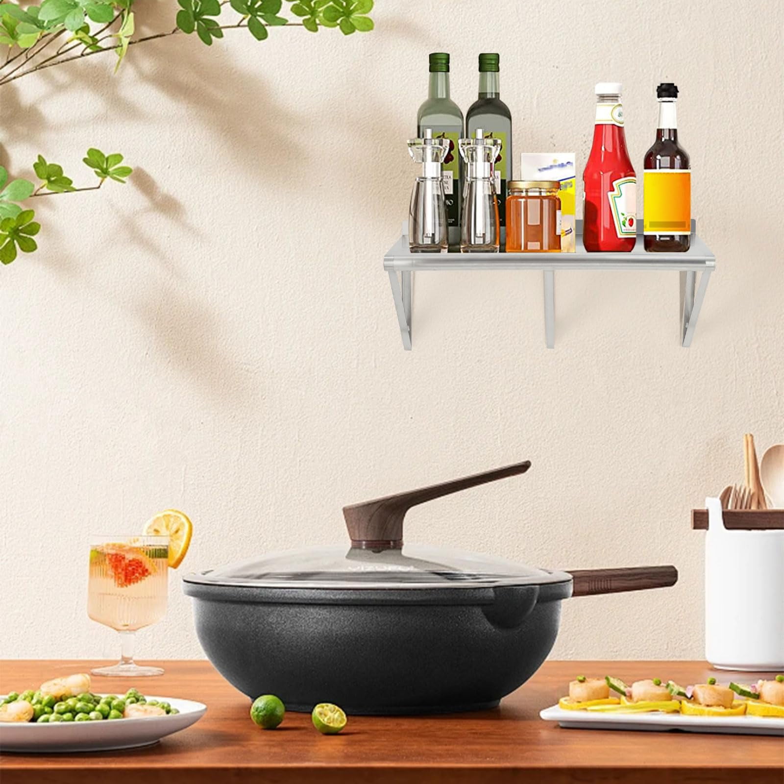 Accreate Stainless Steel Wall Shelf,Commercial Wall-Mounted Rack with Backsplash and Two Brackets,Heavy-Duty Metal Shelving for Kitchen,Restaurant,Garage,Laundry & Utility Rooms