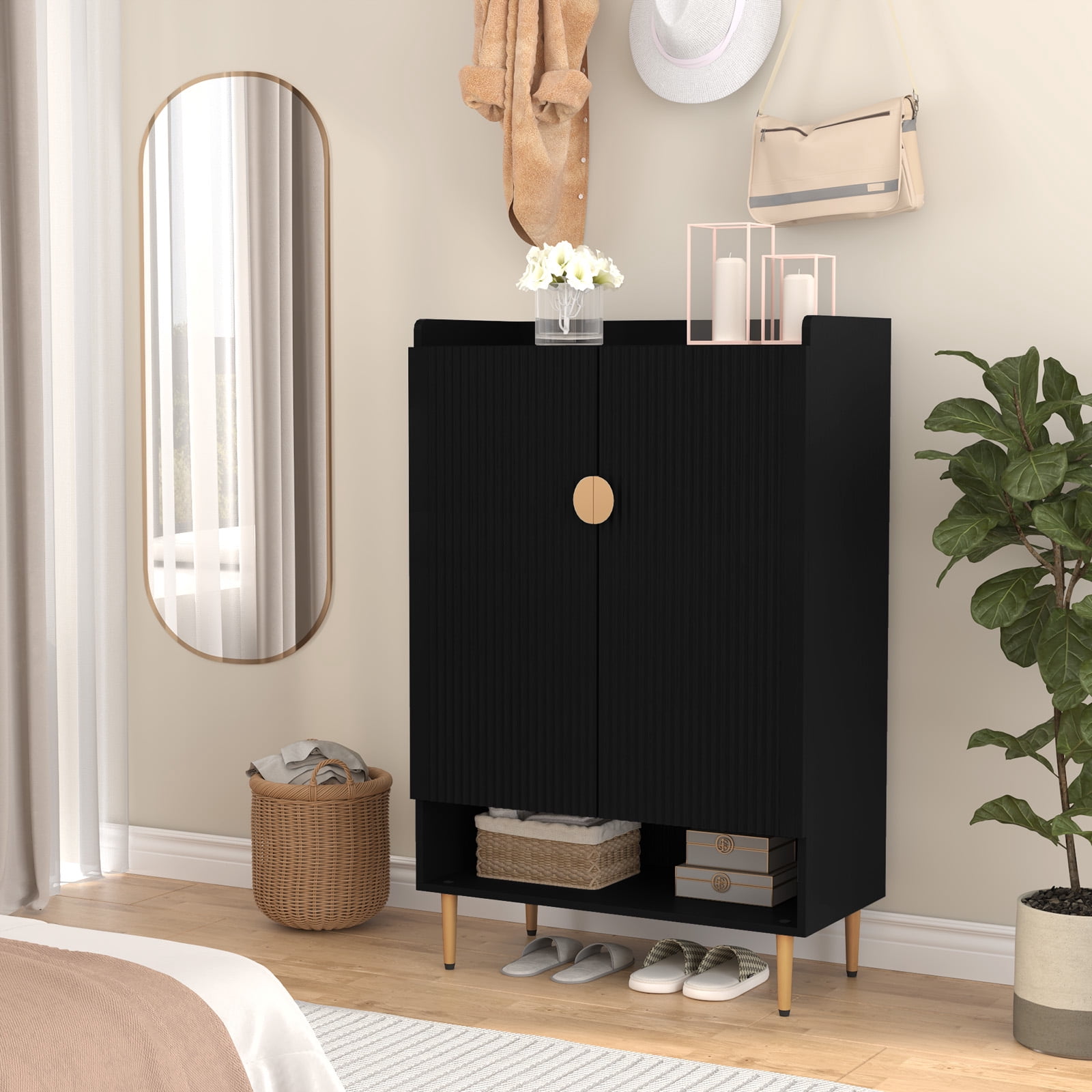 CBJCBJ 7-Tier Shoe Cabinet Storage with 2 Door and Adjustable Shelves Wood Shoes Rack for Entryway, Black