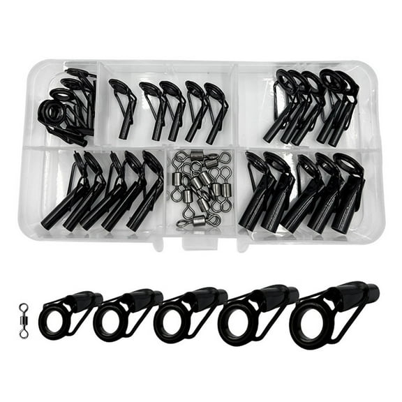 Opvise 35Pcs/Box Fishing Rod Guide Ring Assorted Sizes Stainless Steel Ceramic Eyelet Swivel Replacement Freshwater Saltwater Fishing Pole Tip Repair Accessories