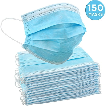 Jumbl Blue Disposable Face Masks | Indoor/Outdoor Protective Nose & Mouth Coverings with 3-Layer Safety Shield, Elastic Ear Loops & Comfortable Universal Design for Adults & Kids | Bulk Pack of 150