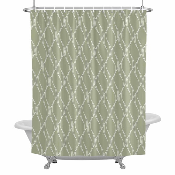 Shower Curtain, Sage Green Waves Striped Waterproof Fabric Bathroom Shower Curtains Set with Hooks,72 X 72 Inch Long, Abstract White Geometric Lines