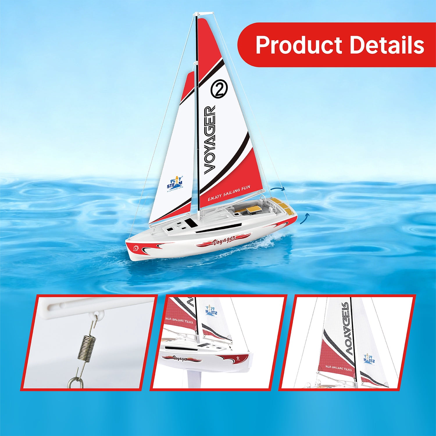 PLAYSTEAM Voyager 280 STEM Science 2.4GHz RC Sailboat Wind Powered Model with Adjustable Sail and Rudder for Learning Wind Direction,Red