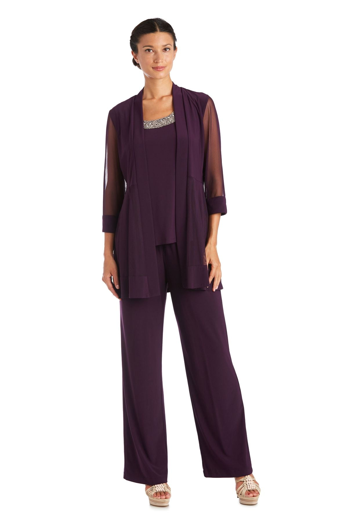R&M Richards Women's Beaded neck 2 Piece Pant Suit - Mother of the bride outfit, 16 Plum 