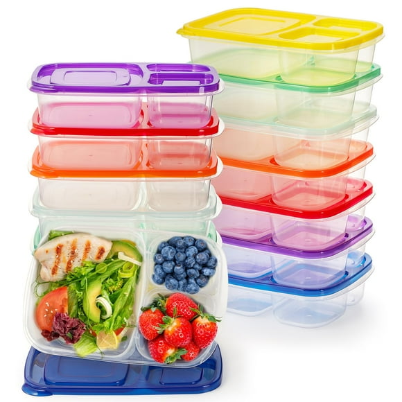 YOUEON Lot de 14 Boîtes à Lunch Bento, 3 Compartiments Boîtes à Lunch en Plastique pour Enfants, Contenants Réutilisables pour Préparation de Repas avec Couvercles, Boîtes de Rangement pour Collations Divisées pour Voyage, Travail, École, Pique-Nique, 7 Couleurs