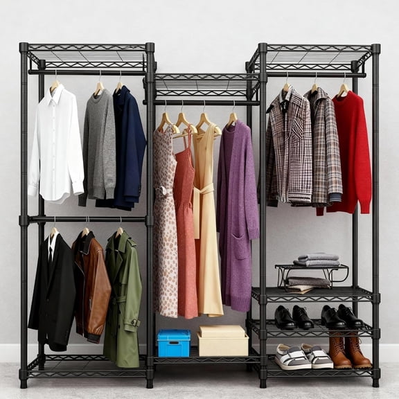Portable Closet Wardrobe – Heavy-Duty Freestanding Clothes Rack with 4 Hanging Rods & 8 Shelves, Adjustable Clothing Organizer, 67.3" L x 14.6" W x 76.8" H, Max Load 850 lbs