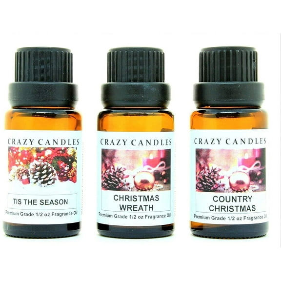 Crazy Candles 3 Bottles Set, 1 Tis The Season, 1 Christmas Wreath, 1 Country Christmas 1/2 Fl Oz Each (15ml) Premium Grade Scented Fragrance Oils