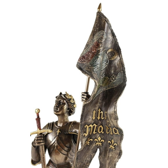 Religious Gifts Folk Hero Saint St Joan of Arc with IHS Maria Flag and Sword Cold Cast Bronze Statue Figurine