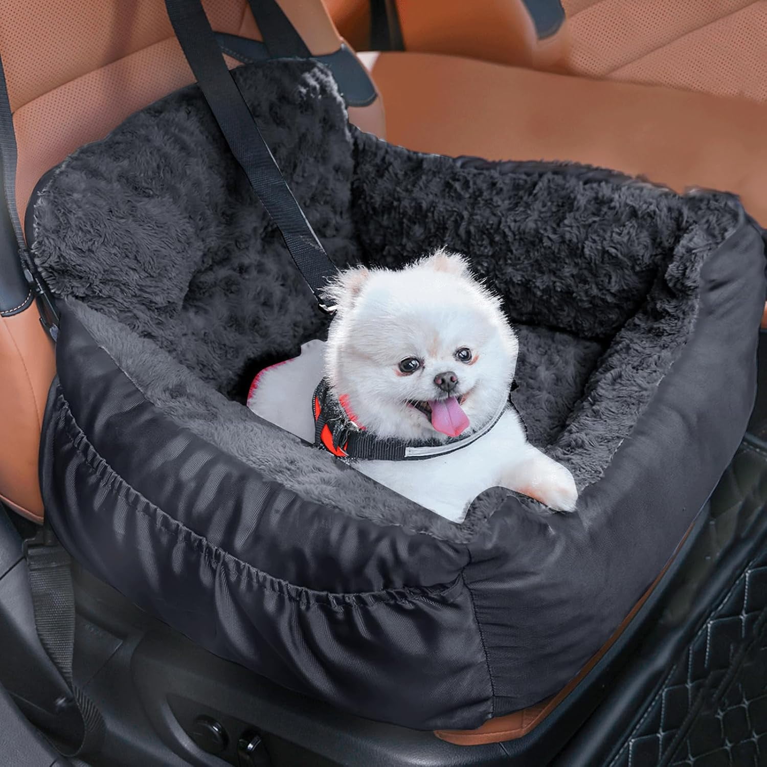 Washable Plush Dog Booster Car Seat with Safety Leash and Storage Pockets Puppy Travel Carrier Bed