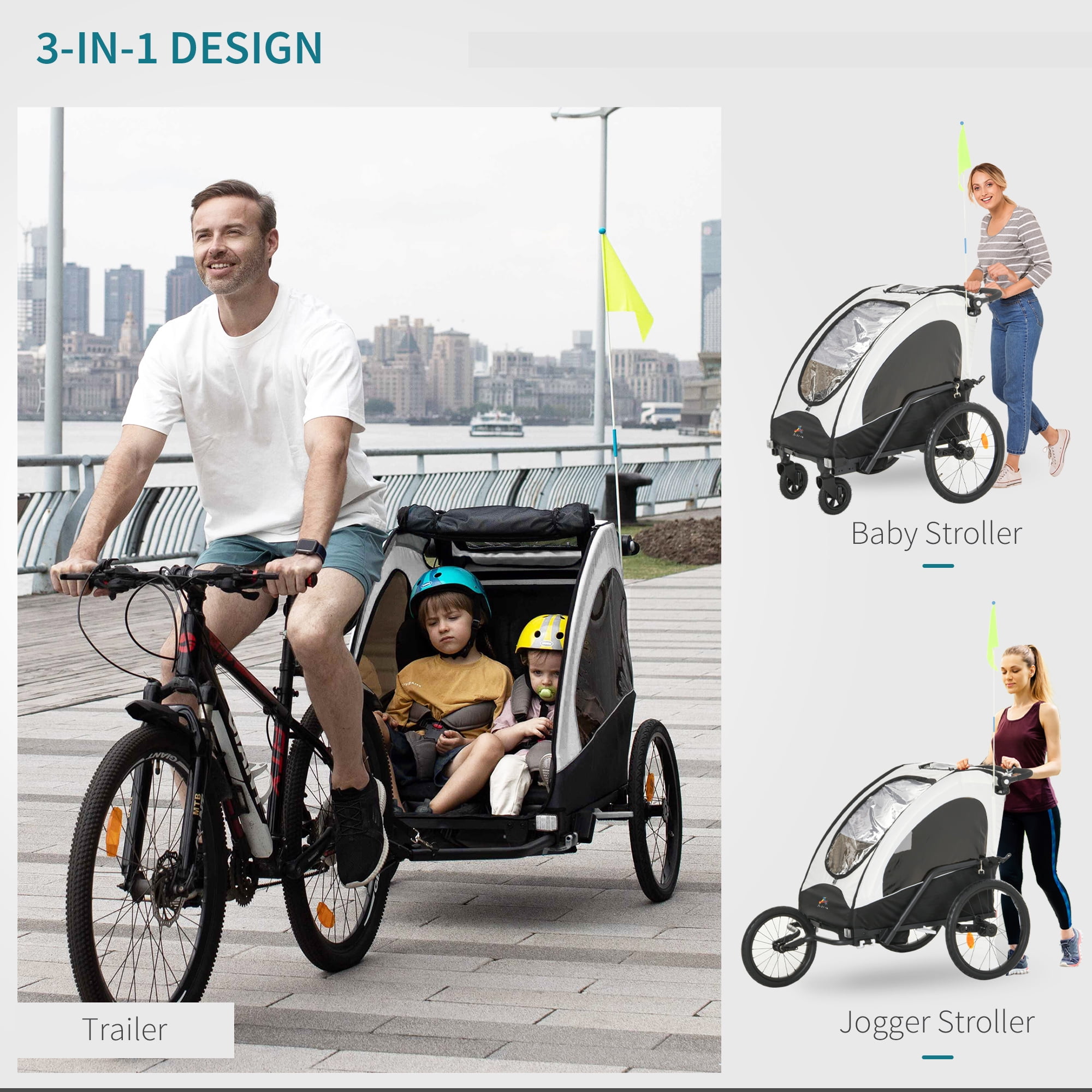 Aosom Child Bike Trailer 3 in 1 Foldable Jogger Stroller 2 Seater 440 014BU