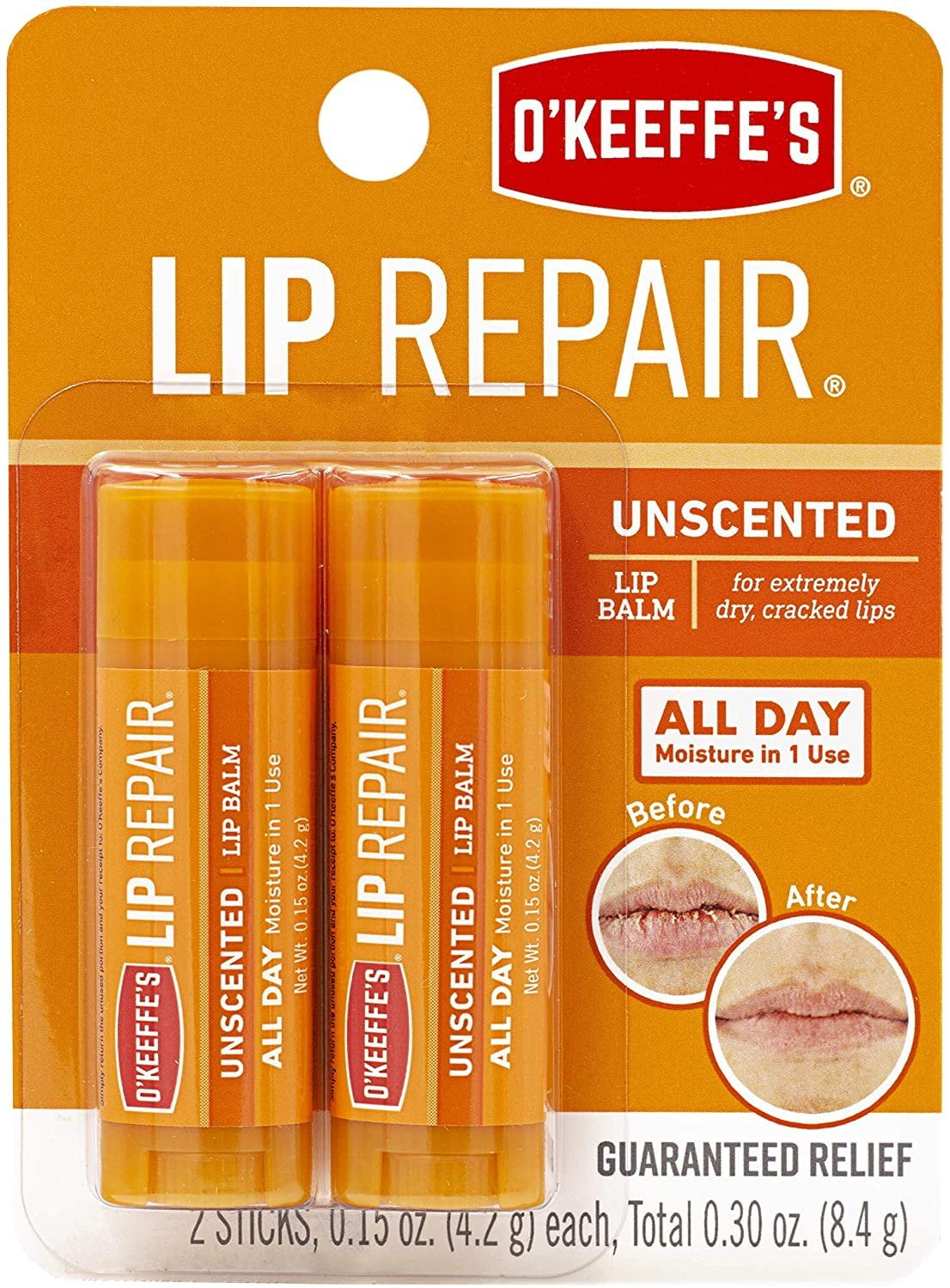 O'Keeffe's Unscented Lip Repair Lip Balm for Dry, Cracked Lips, Stick, Twin Pack