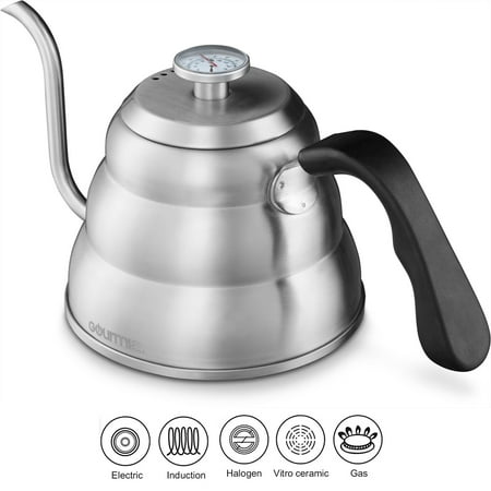 Gas Stove Tea Pot Gourmia GCK9975 Pour Over Coffee Kettle with Built In Thermometer For Perfect Temperature and Gooseneck Spout - Stainless Steel Stovetop Tea Pot - Induction Stove and Fire Safe - 1.2 Liter ()