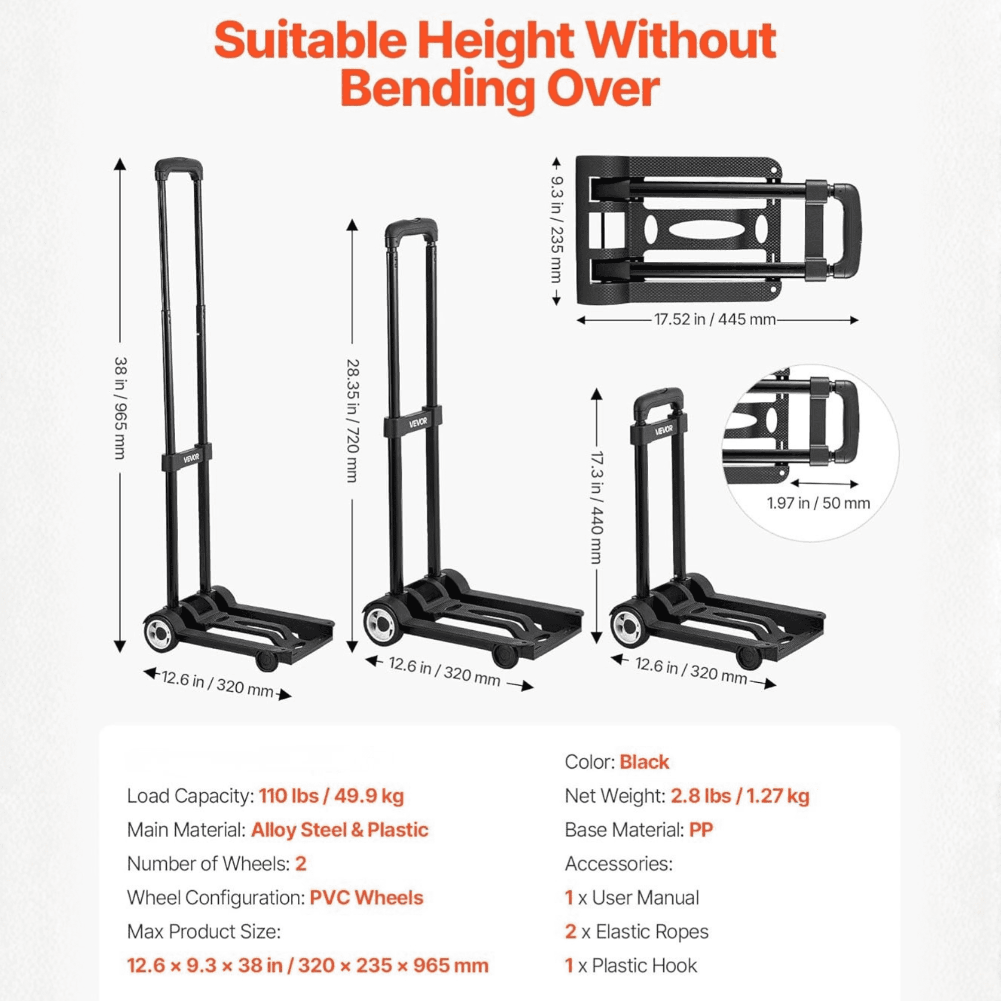 Folding Hand Truck and Dolly, Heavy-Duty Aluminum Foldable Cart with Telescoping Handle and PP+TPR Wheels, 176 lbs Capacity for Home, Office, Shopping, and Travel