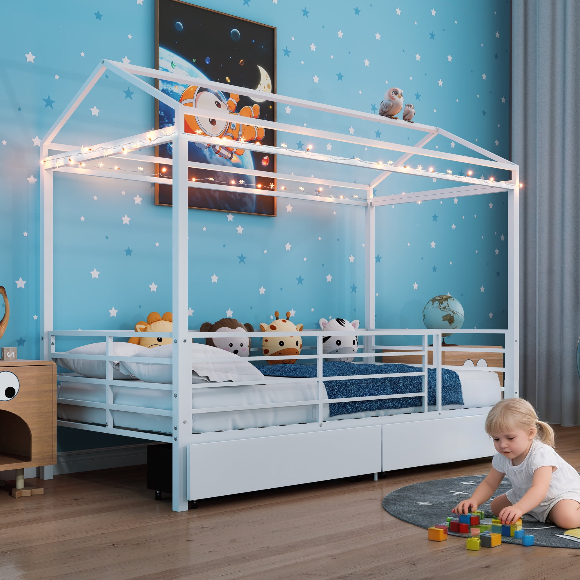 Mintazer Twin Size Metal House Bed with 2 Drawers, Kids Floor Bed with Guardrails for Boys & Girls, White