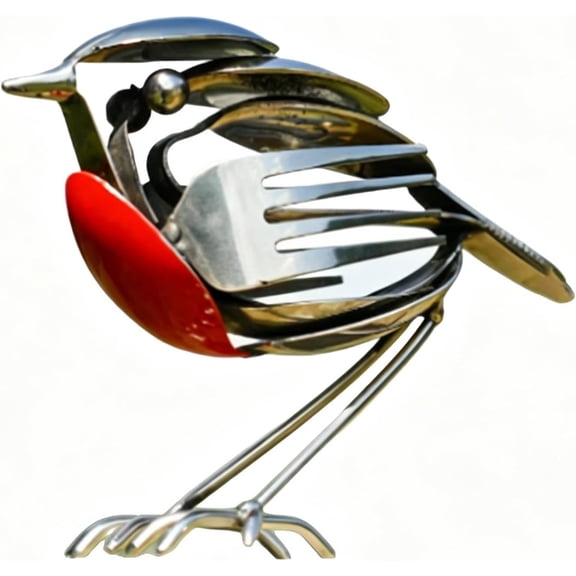 Handmade Metal Robin Bird Decor – Upcycled Fork & Spoon Figurine, Vintage Rustic Red Chest, Weatherproof Outdoor Garden Statue, Farmhouse Country Home Accent, Eco Gift for Bird Lovers（1pcs,C）