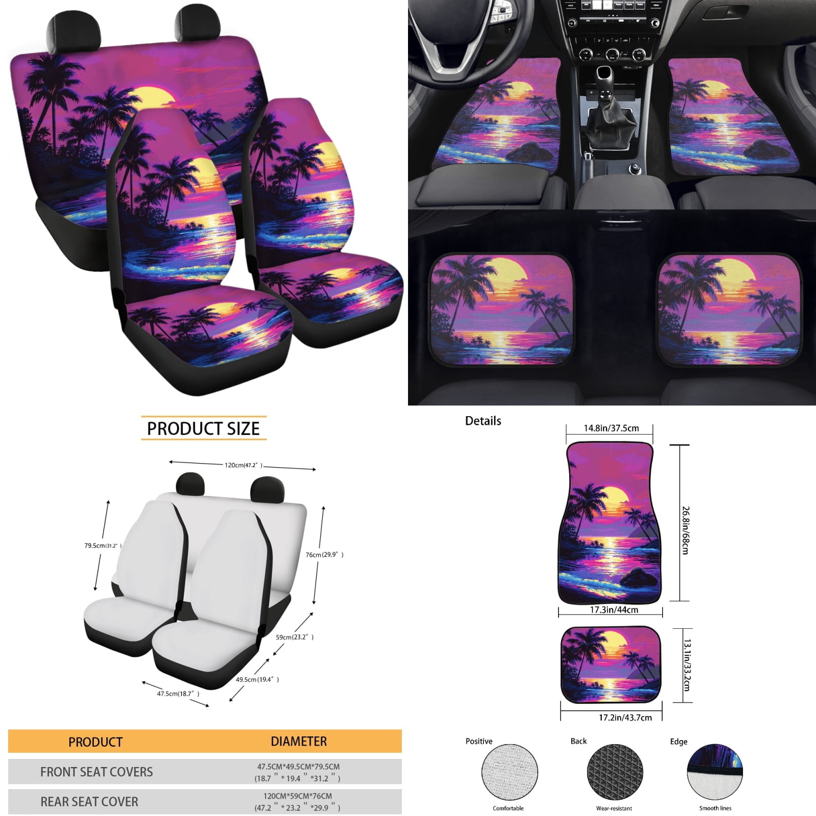 Yuyamidu Purple Sunset Car Seat Covers Full Set of 15 Seaside Steering Wheel Cover Seat Belt Cover Car Floor Mats Gear Shift Cover Cup Coasters, Easy to Install