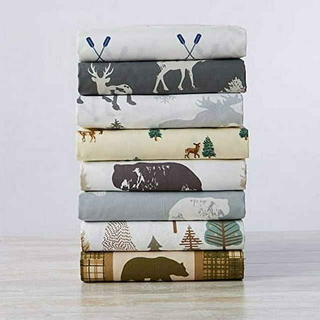 4-Piece Lodge Printed Ultra-Soft Microfiber Sheet Set. Beautiful Patterns Drawn from Nature, Comfortable, All-Season Bed Sheets. (Queen, Forest Trail)