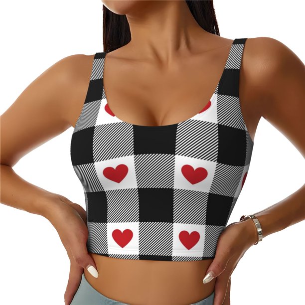 Balery Heart Black Buffalo Plaid Gingham Sujetadores deportivos con espalda cruzada para mujer, acolchados, sin costuras, de alto impacto, ideales para yoga, gimnasio, entrenamiento y fitness.-