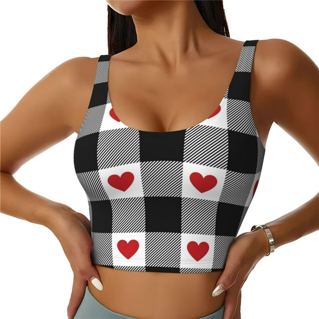 Balery Heart Black Buffalo Plaid Gingham Sujetadores deportivos con espalda cruzada para mujer, acolchados, sin costuras, de alto impacto, ideales para yoga, gimnasio, entrenamiento y fitness.-X-Large