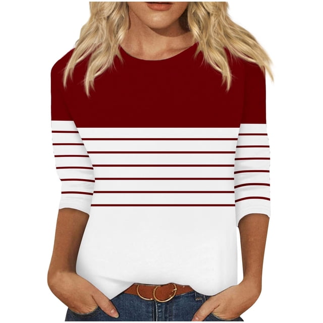vdgthytj Womens Tops 3/4 Sleeve Fall Stripes Print Crewneck Blouses Fashion Comfy Color Block Pullover Shirts
