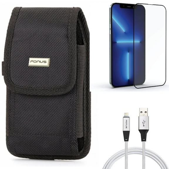 Case Belt Clip & Screen Protector & 10ft USB Cable for iPhone 13 Pro Max ONLY - Swivel Holster Rugged   Anti-Glare Tempered Glass Matte   Charger Cord Power Wire Combo