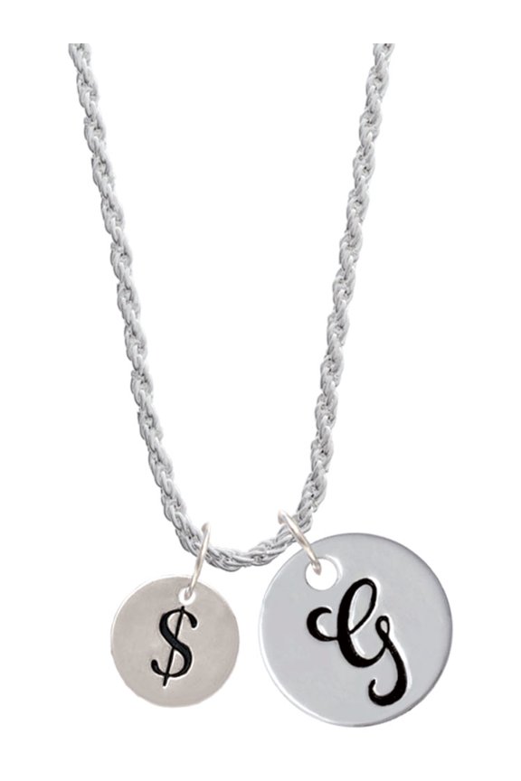Silvertone Disc 1/2'' - Symbol - Dollar Sign - $ - Silvertone Script Initial Disc - G - Charm Necklace, 20"+3"