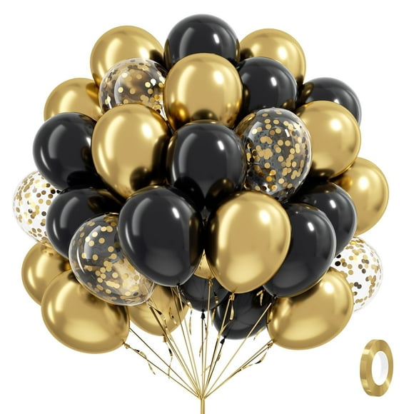 Globos Vicduotex negros y dorados, 60 unidades, 30 cm, con confeti