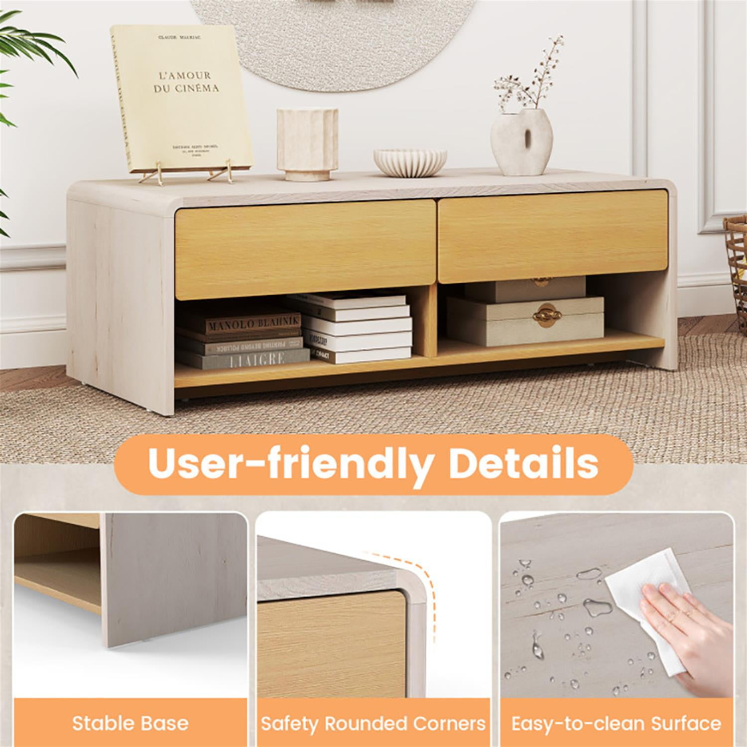 Demi Bonn Modern Coffee Table, Dining Center Tables with 2 Drawers and 2 Storage Shelf for Living Room, Bedroom, Office and Balcony, Beige