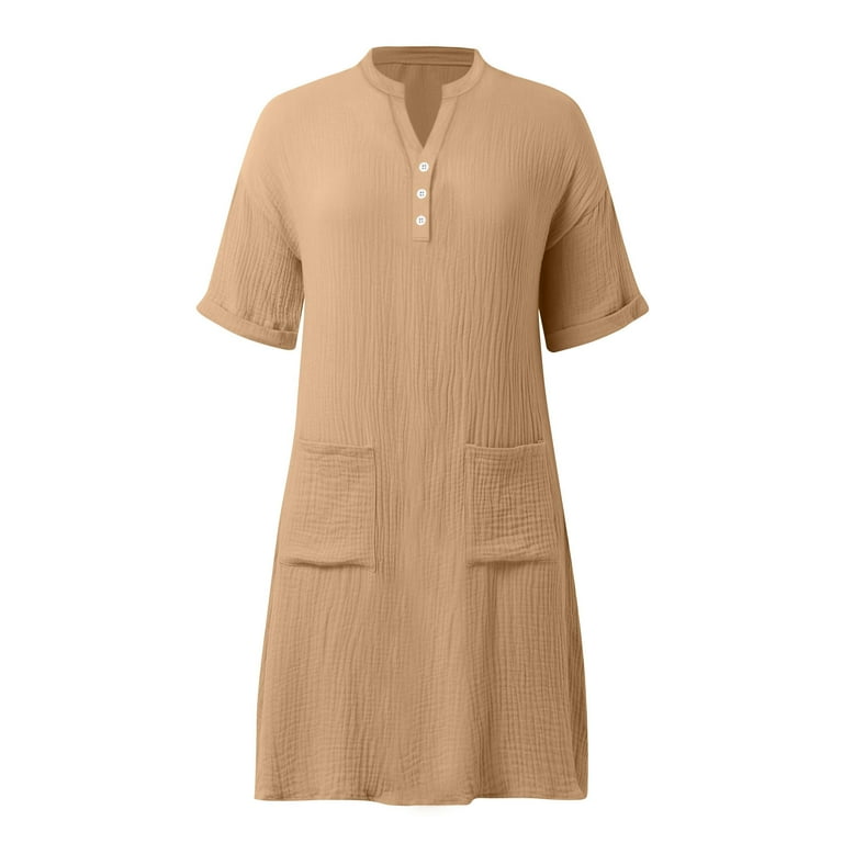 Efsteb Loose Fitting Dress Womens Dresses Cotton Short Sleeve V Neck Button Knee Length Solid Color Casual Clothes with Pocket (Khaki,S), Women's, Efsteb Loose Fitting Dress Womens Dresses Cotton Short Sleeve V Neck Button Knee Length Solid Color Casual Clothes with Pocket (Khaki,S), Women's,